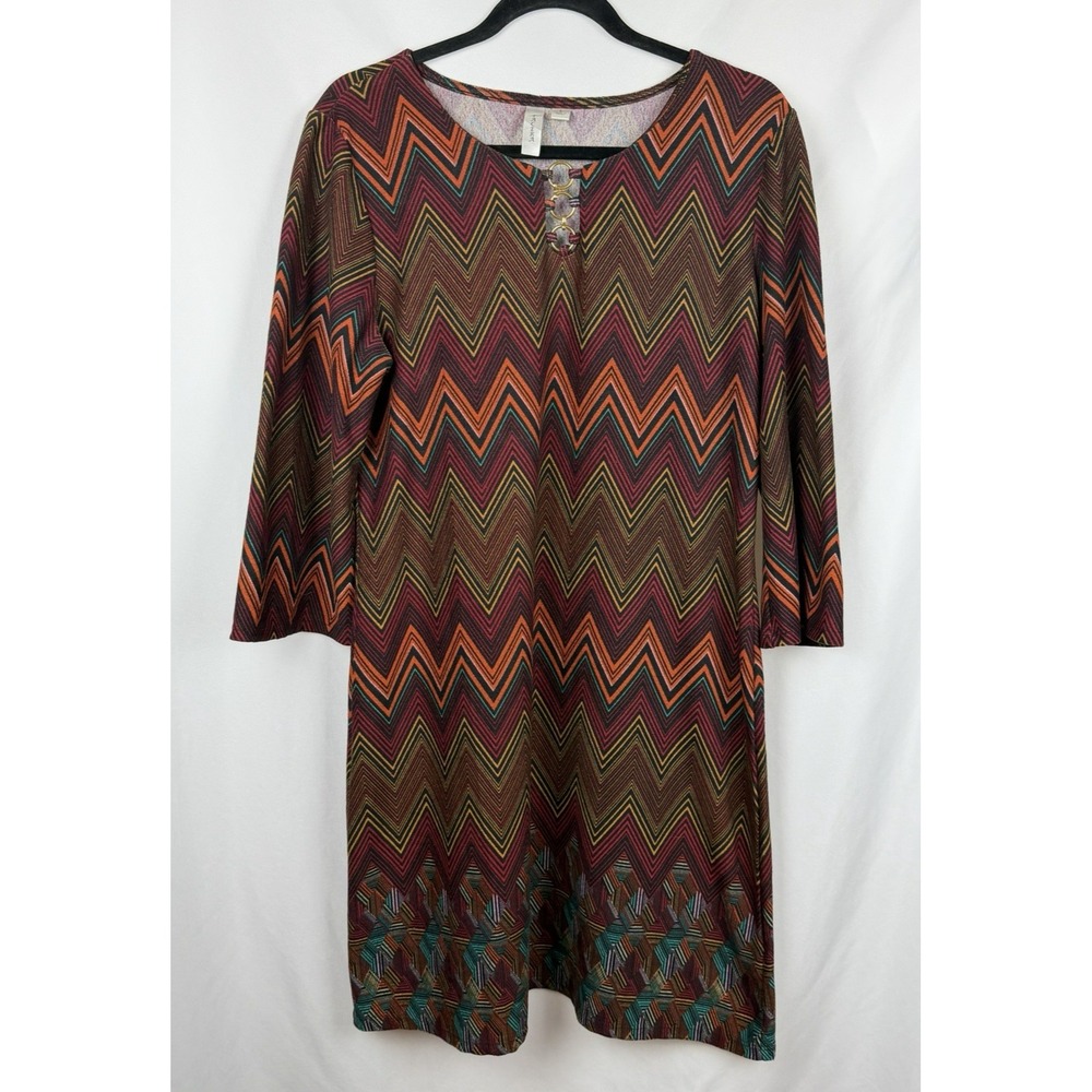 Tacera Chevron Knit Tunic Dress L Large Boho 3/4 Sleeve Gold Hardware Geometric